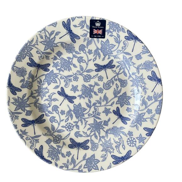 ROYAL WESSEX Set of 2 Porcelain Dinner Plates Blue White Floral Dragonflies NEW - Picture 1 of 7